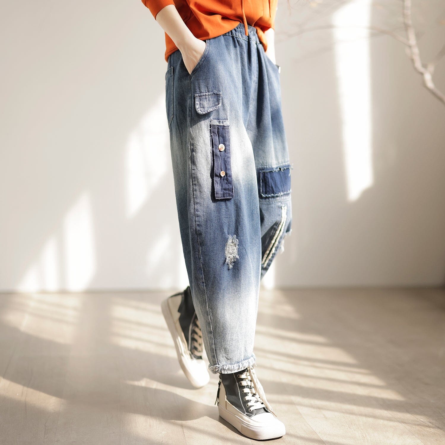 Women Spring Casual Ripped Patchwork Jeans