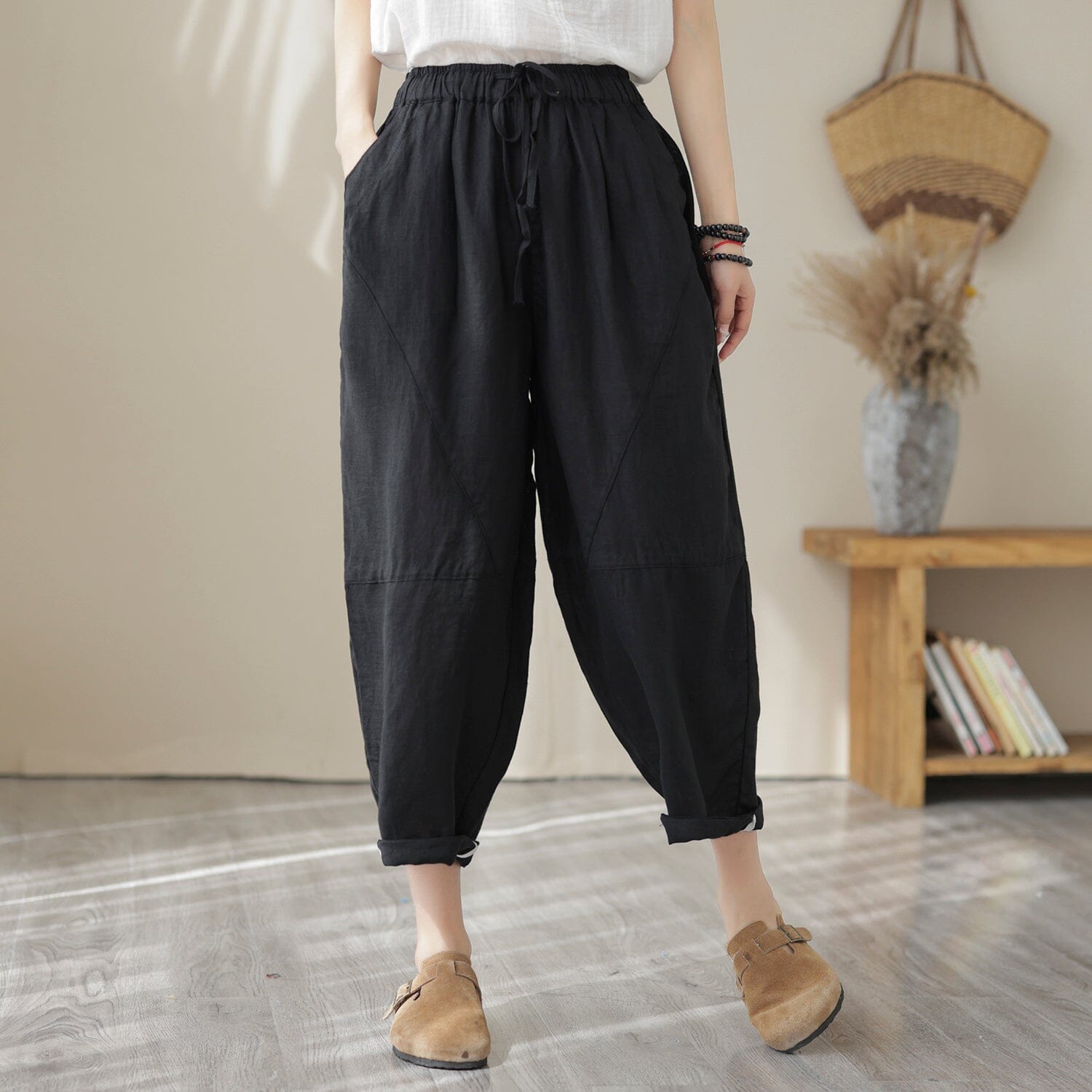 Women Spring Casual Solid Loose Linen Pants