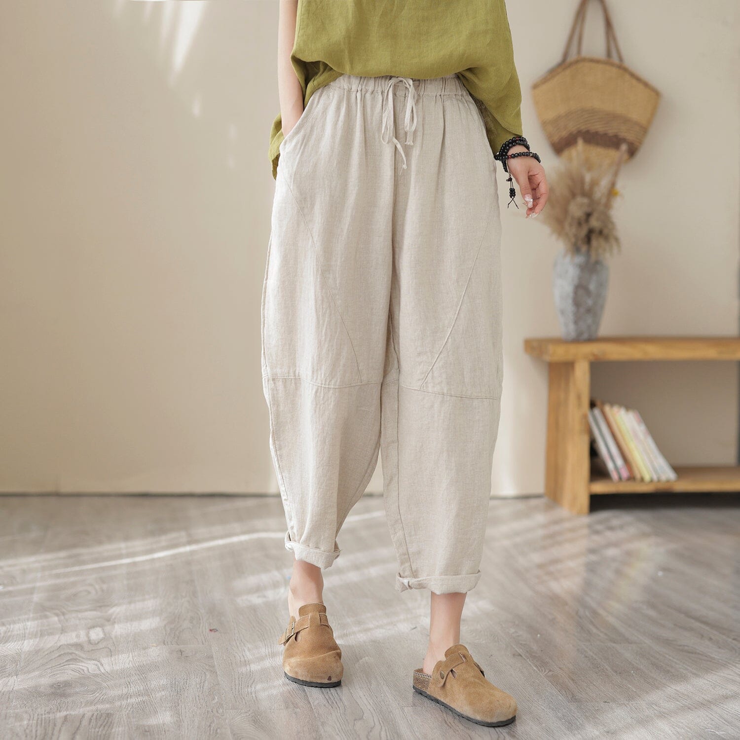 Women Spring Casual Solid Loose Linen Pants