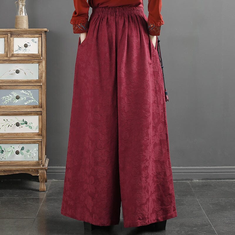 Women Spring Cotton Linen Embroidery Wide-Leg Pants