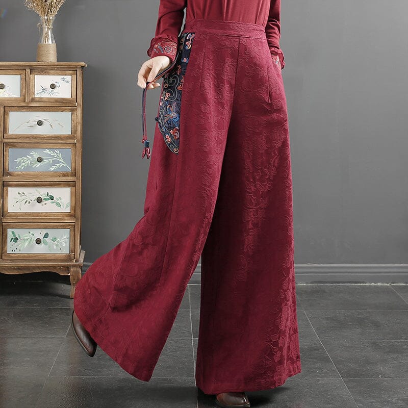 Women Spring Cotton Linen Embroidery Wide-Leg Pants