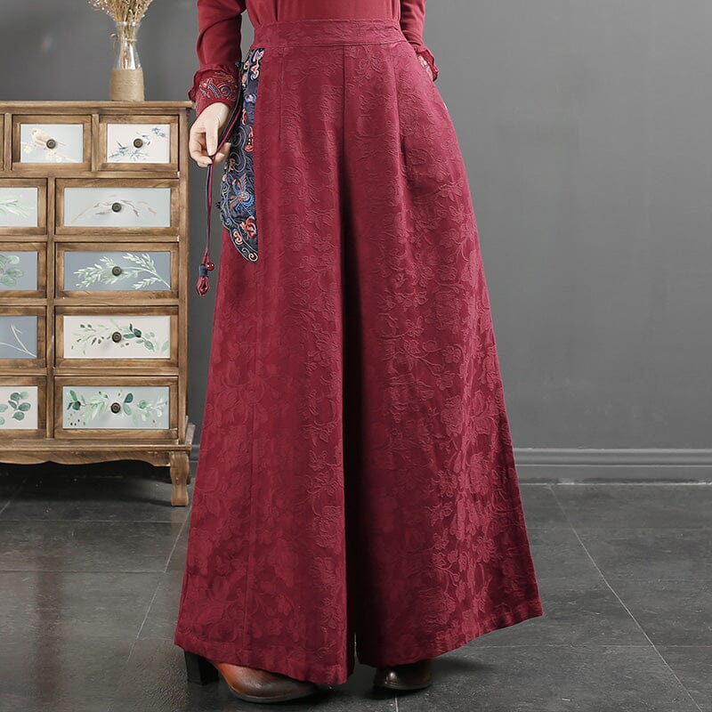 Women Spring Cotton Linen Embroidery Wide-Leg Pants