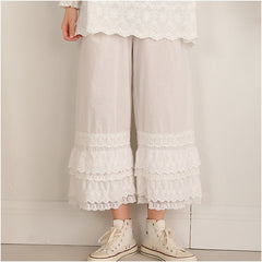 Women Spring Cotton Ruffle Bottom Wide Leg Pants