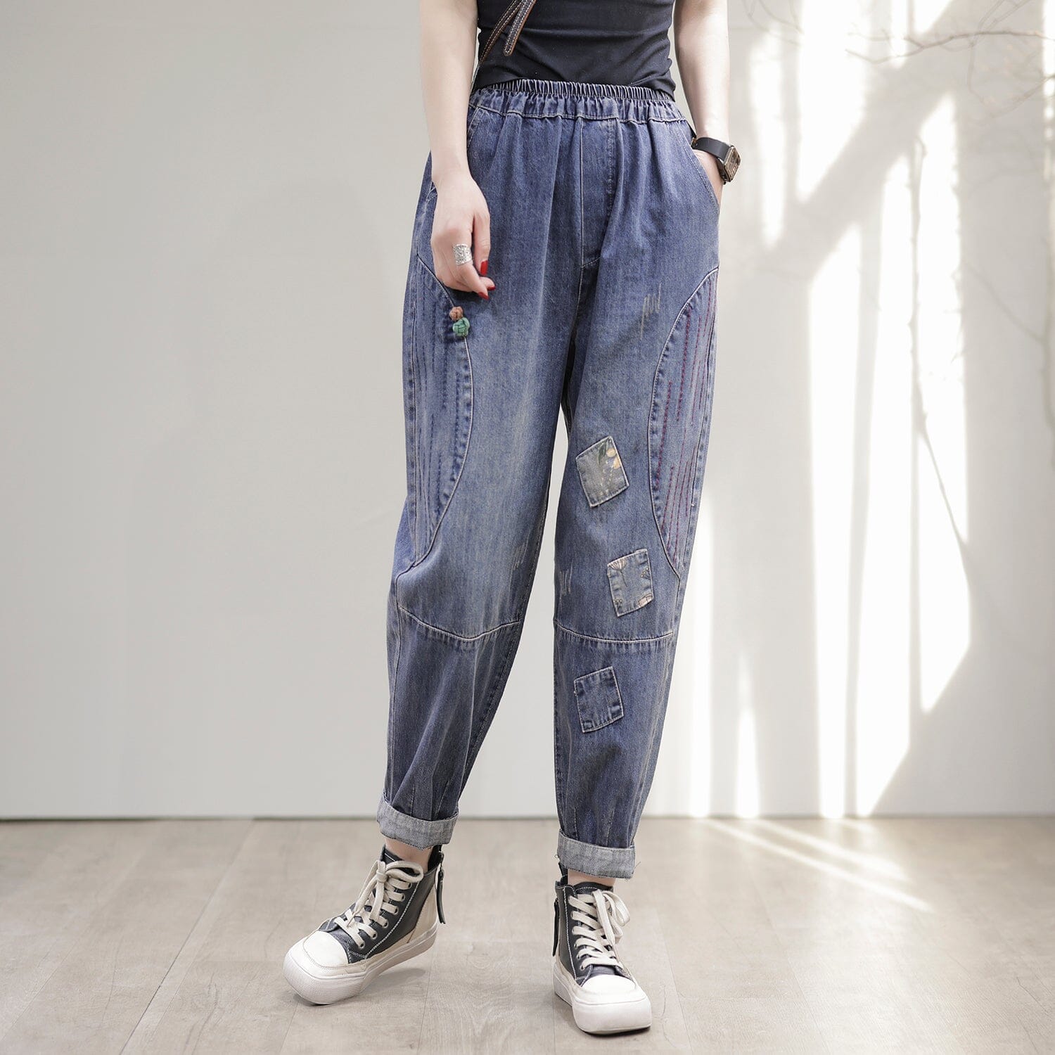 Frauen Frühling Lose Patchwork Baumwolle Harem Jeans