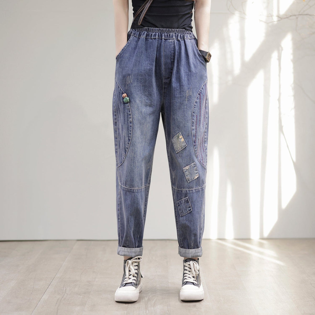 Frauen Frühling Lose Patchwork Baumwolle Harem Jeans