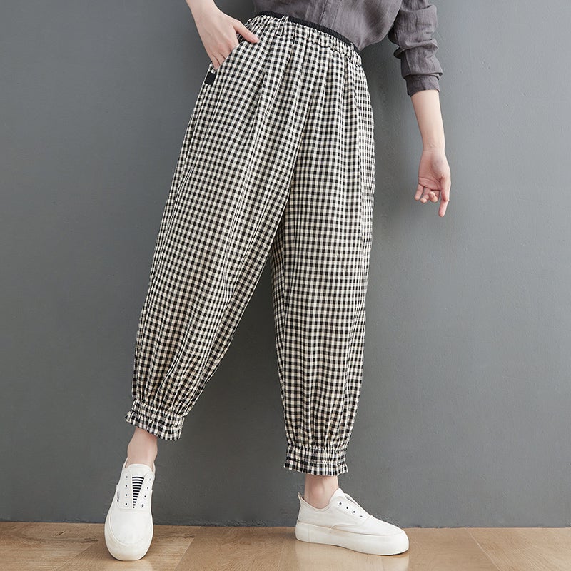 Women Spring Loose Plaid Linen Harem Pants