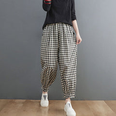 Women Spring Loose Plaid Linen Harem Pants