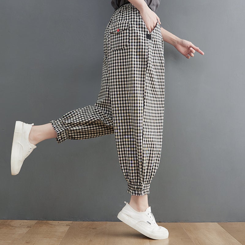 Women Spring Loose Plaid Linen Harem Pants