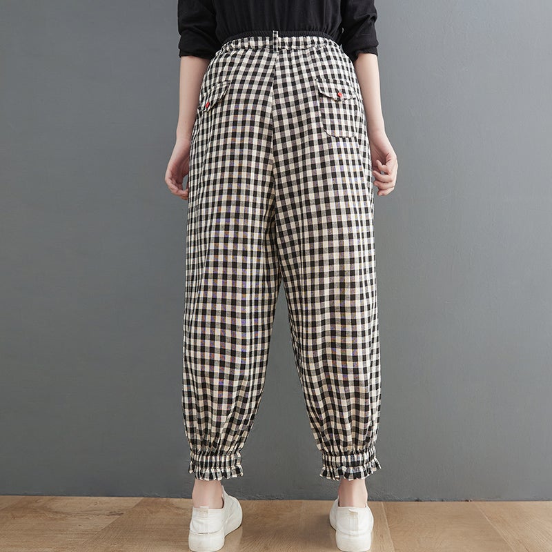 Women Spring Loose Plaid Linen Harem Pants