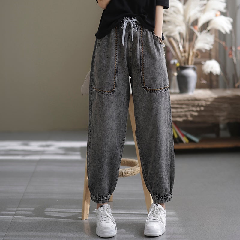 Women Spring Loose Retro Cotton Casual Harem Jeans