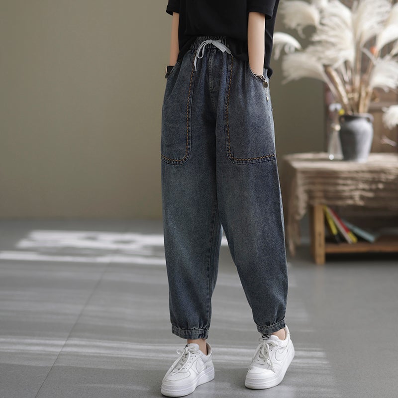 Women Spring Loose Retro Cotton Casual Harem Jeans