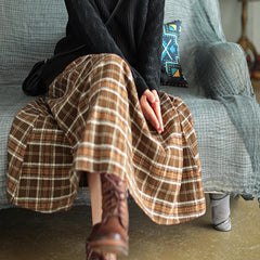 Women Spring Reto Loose Plaid Cotton Skirt