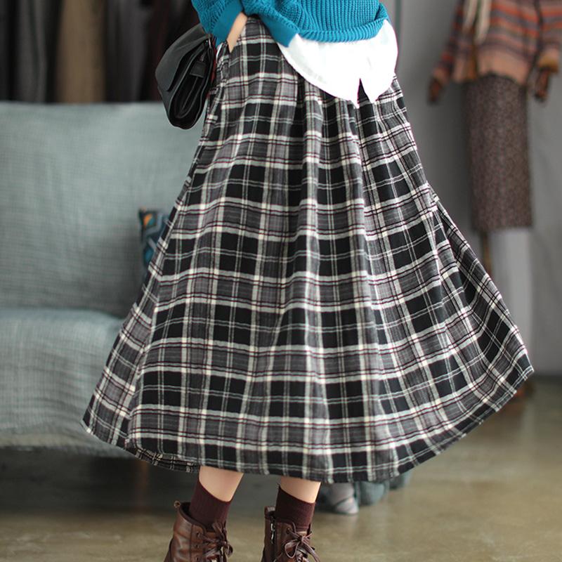 Women Spring Reto Loose Plaid Cotton Skirt