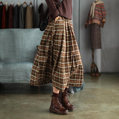 Women Spring Reto Loose Plaid Cotton Skirt