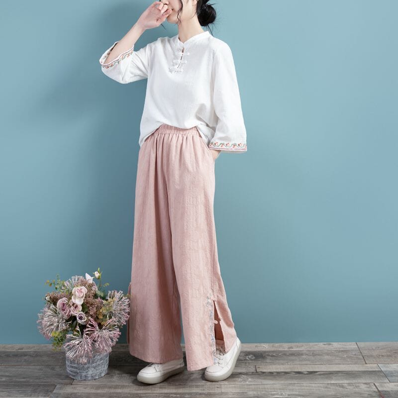 Women Spring Retro Loose Cotton Linen Wide Leg Pants