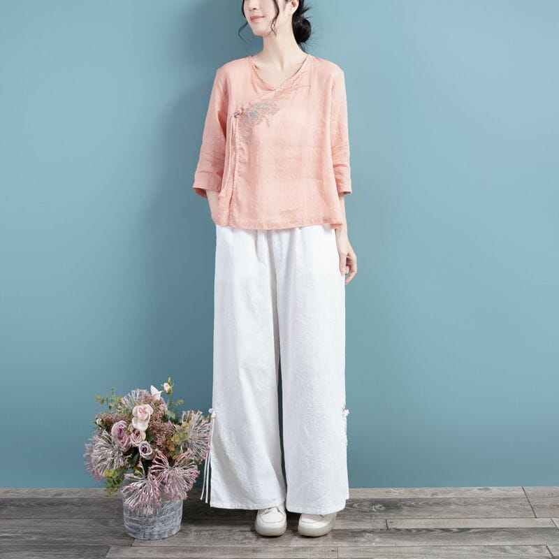 Women Spring Retro Loose Cotton Linen Wide Leg Pants