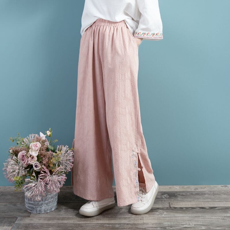 Women Spring Retro Loose Cotton Linen Wide Leg Pants