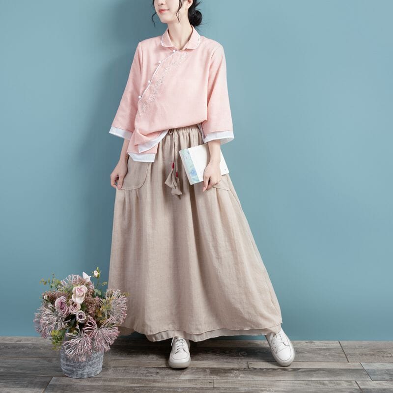 Women Spring Summer Retro Cotton Linen Skirt