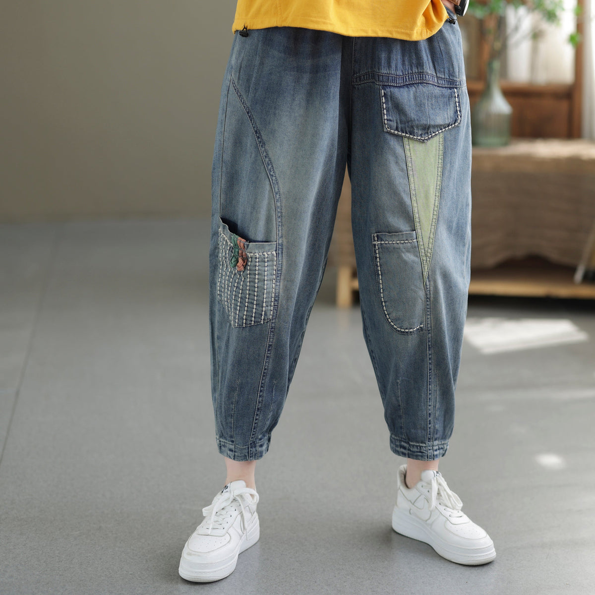 Women Spring Summer Retro Patchwork Cotton Jean