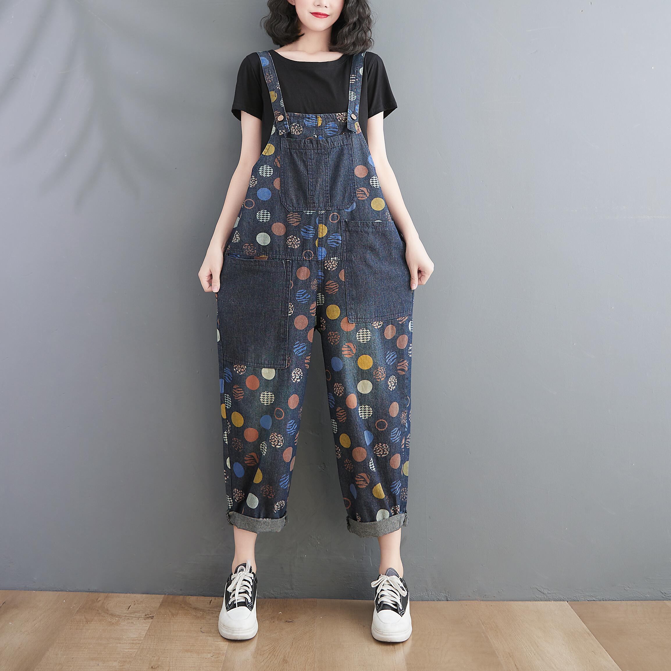 Women Spring Summer Retro Pots Loose Denim Harem Jumpsuit