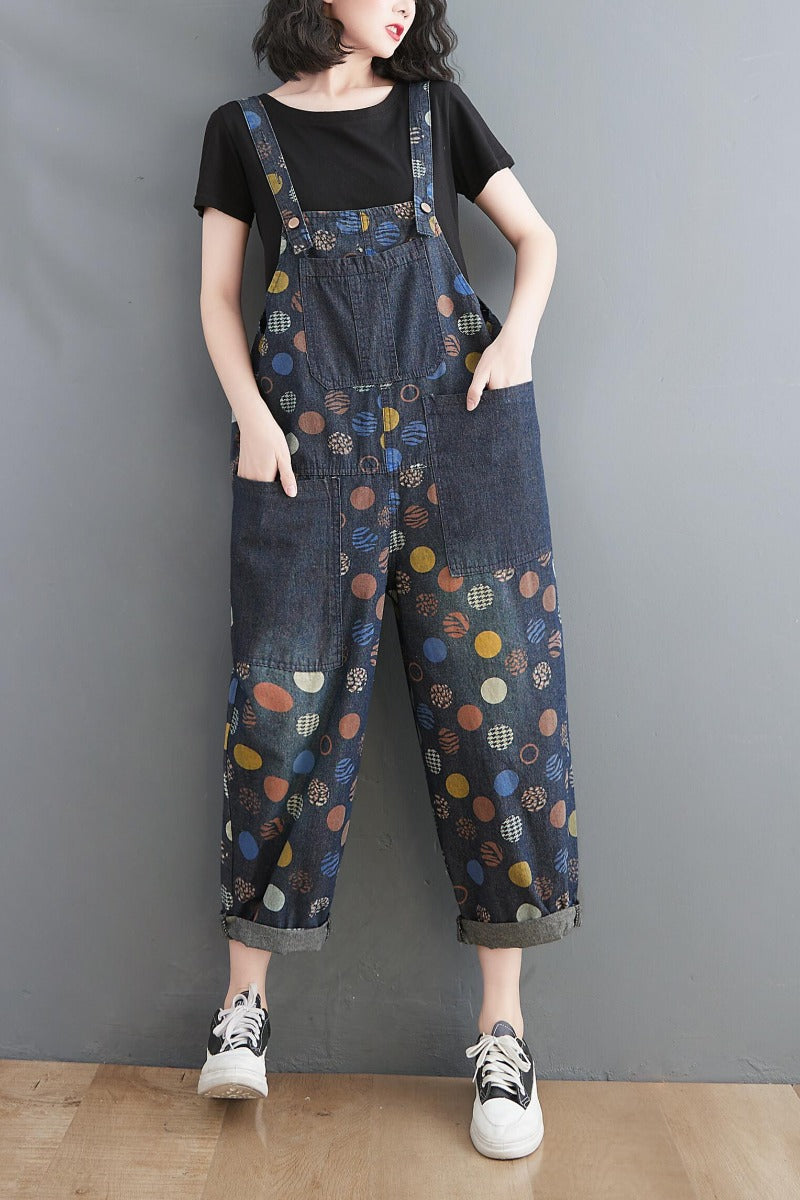 Women Spring Summer Retro Pots Loose Denim Harem Jumpsuit