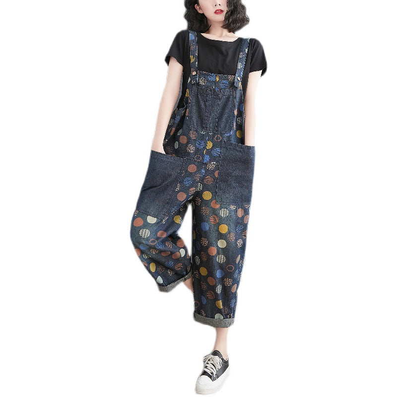 Women Spring Summer Retro Pots Loose Denim Harem Jumpsuit