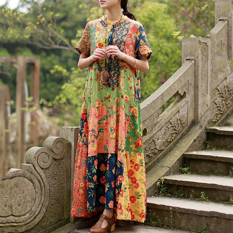 Women Stand Collar Cotton Paneled Printed Maxi Short Sleeve Dress