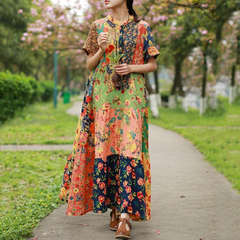 Women Stand Collar Cotton Paneled Printed Maxi Short Sleeve Dress