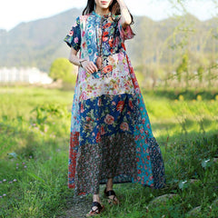 Women Stand Collar Cotton Paneled Printed Maxi Short Sleeve Dress