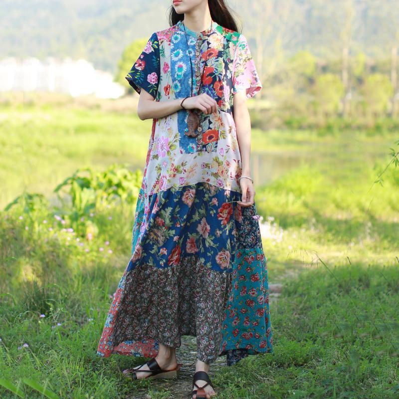 Women Stand Collar Cotton Paneled Printed Maxi Short Sleeve Dress