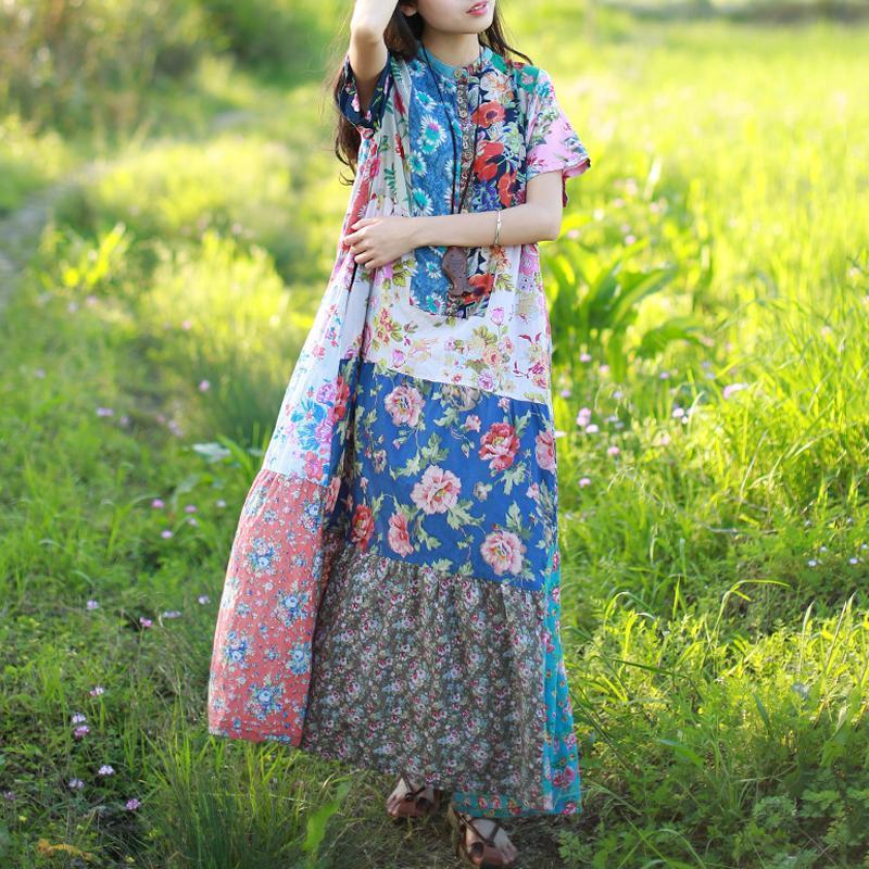 Women Stand Collar Cotton Paneled Printed Maxi Short Sleeve Dress