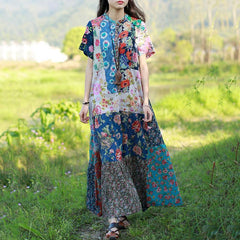 Women Stand Collar Cotton Paneled Printed Maxi Short Sleeve Dress