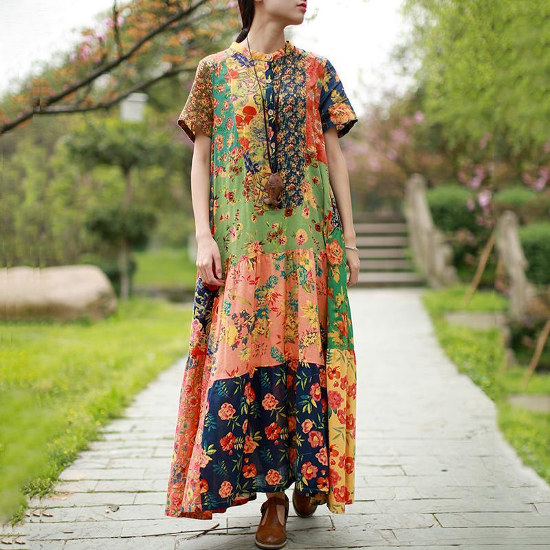 Women Stand Collar Cotton Paneled Printed Maxi Short Sleeve Dress