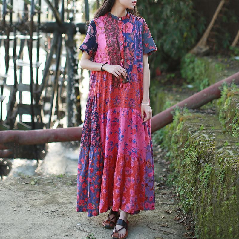 Women Stand Collar Cotton Paneled Printed Maxi Short Sleeve Dress