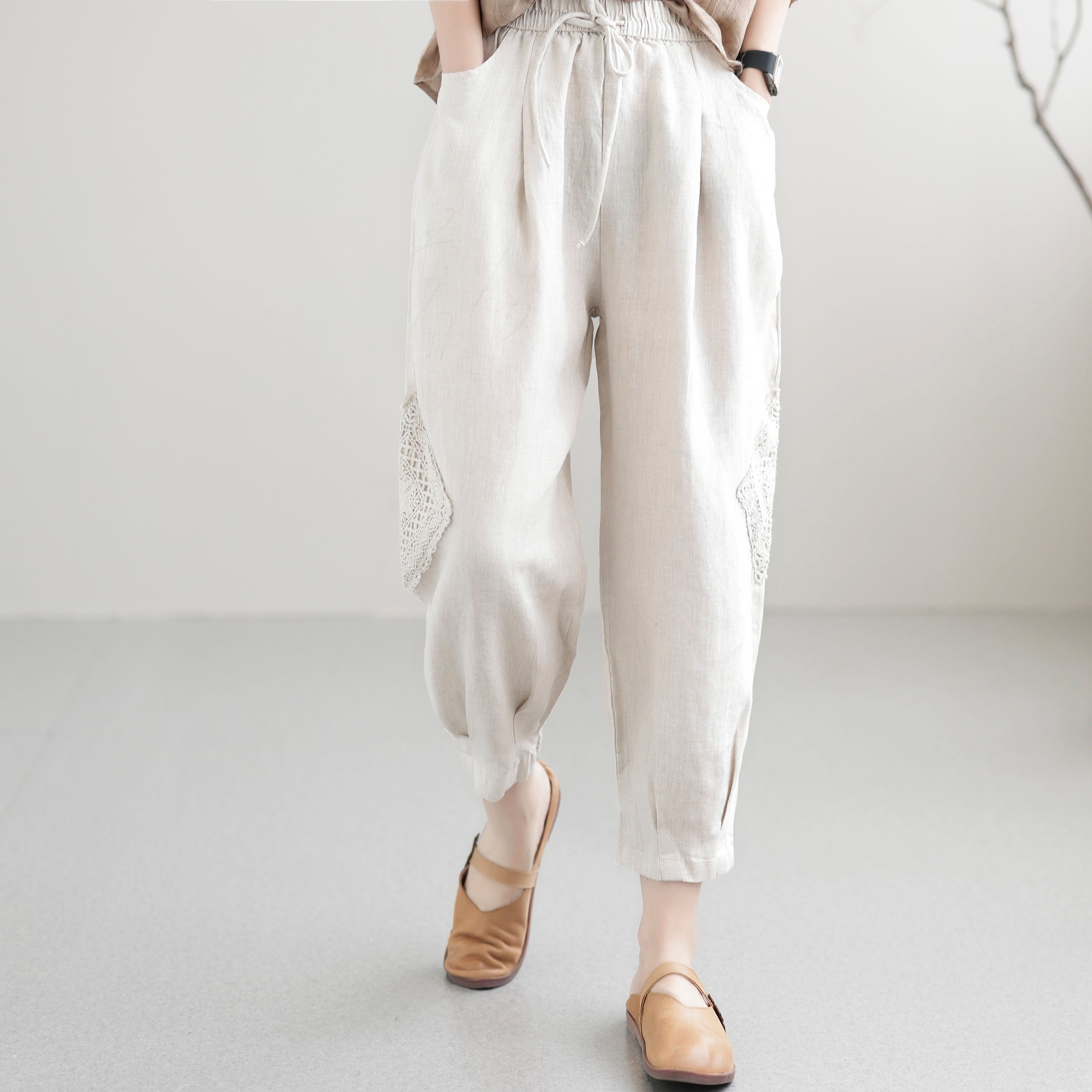 Women Summer Casual Loose Hollow Thin Linen Pants