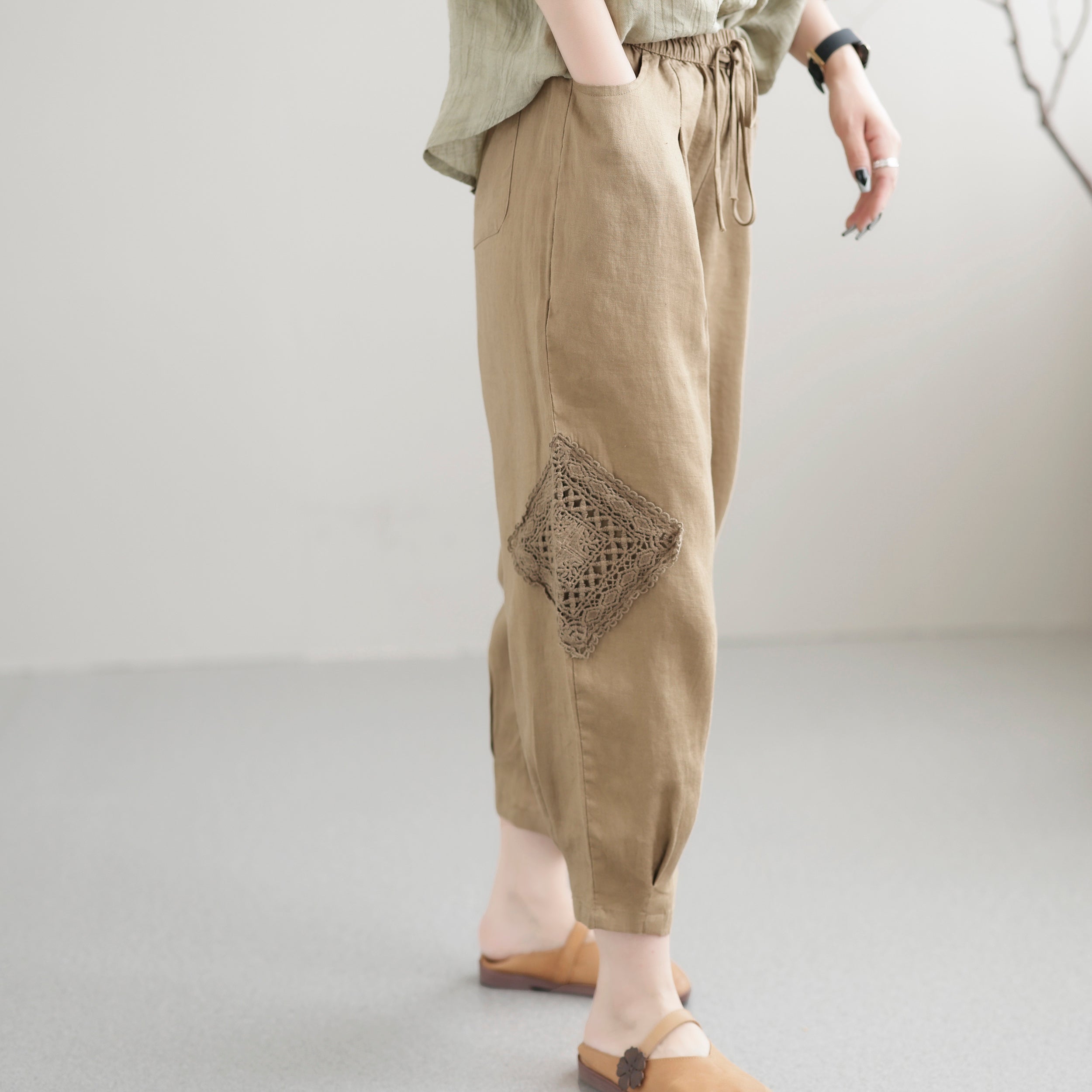 Women Summer Casual Loose Hollow Thin Linen Pants