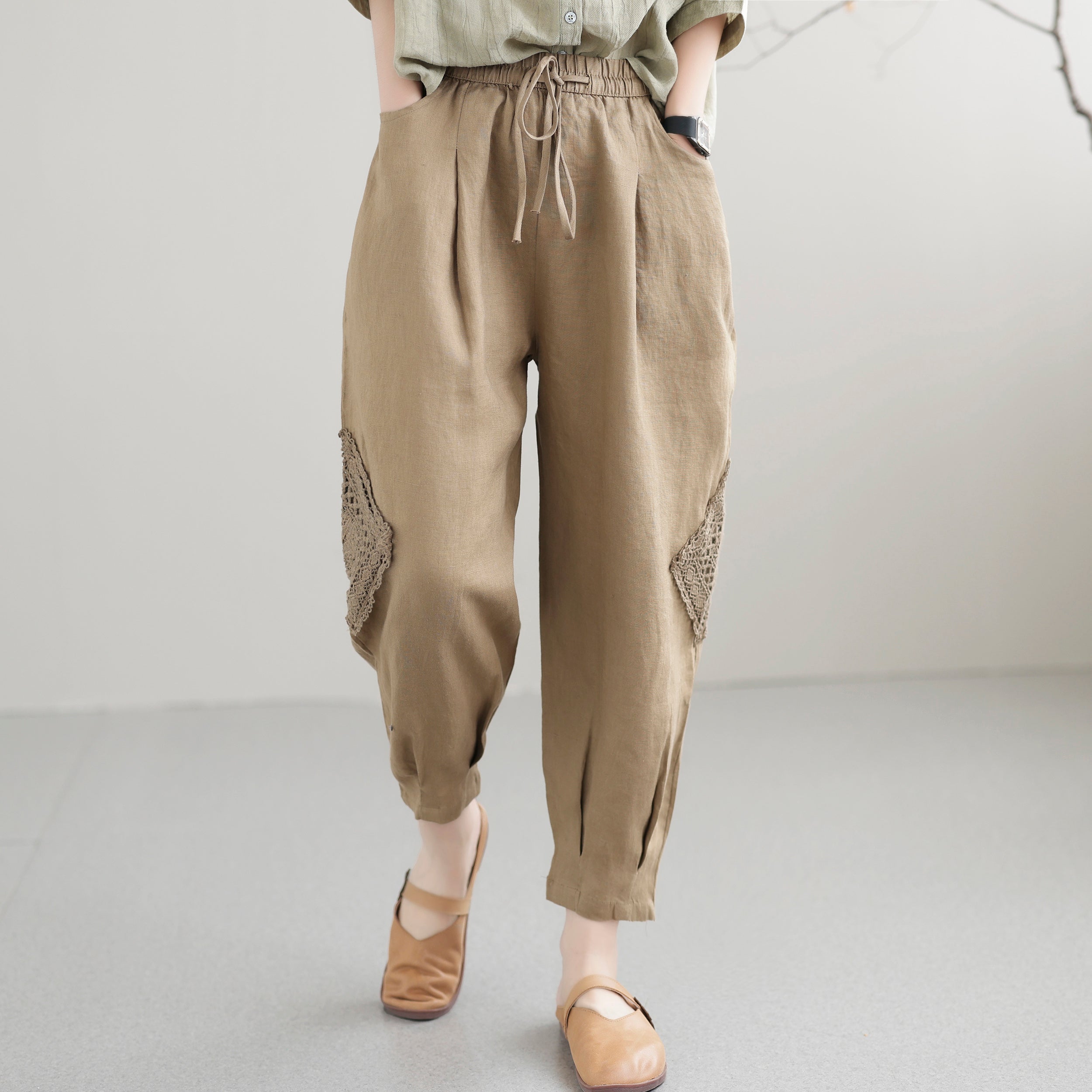 Women Summer Casual Loose Hollow Thin Linen Pants