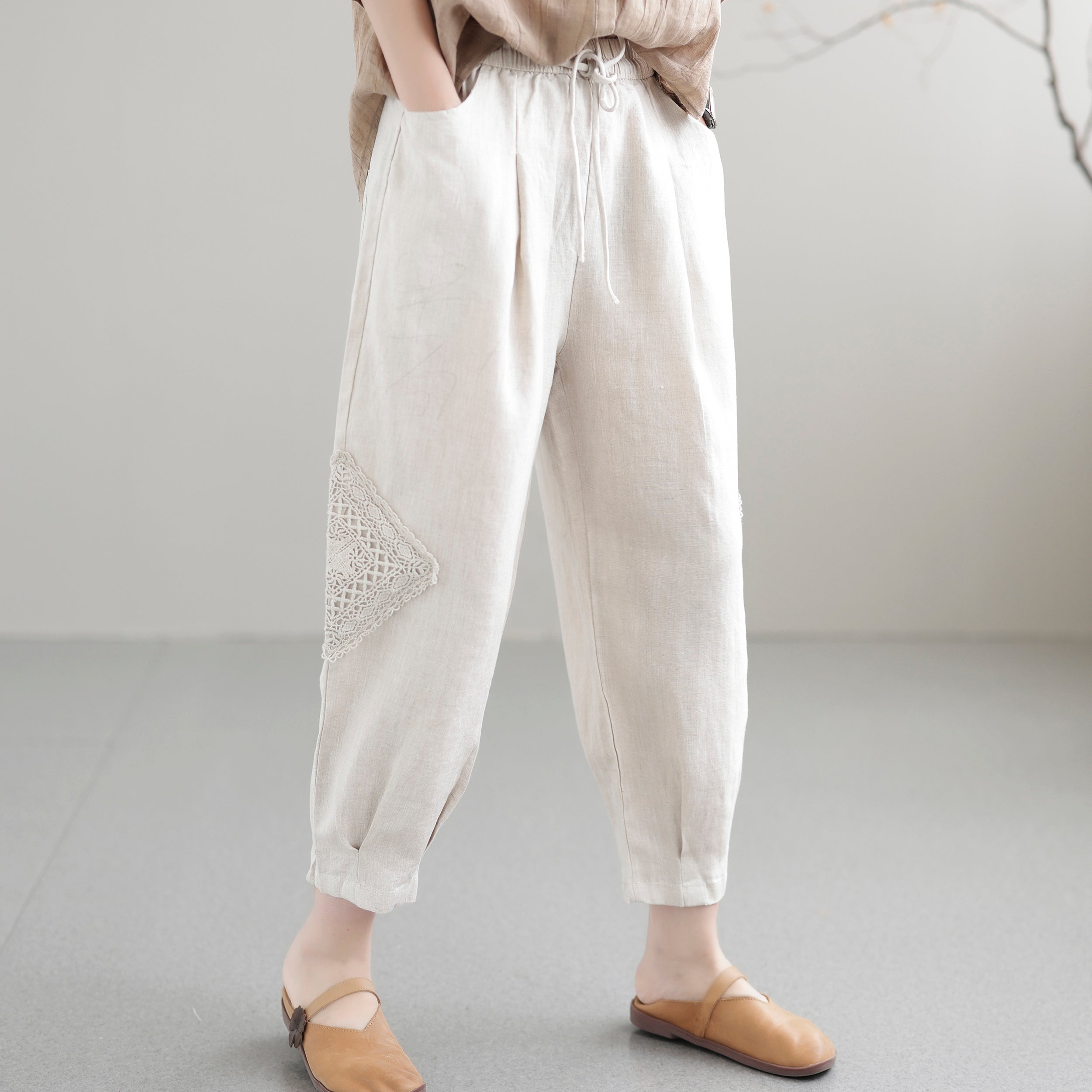 Women Summer Casual Loose Hollow Thin Linen Pants