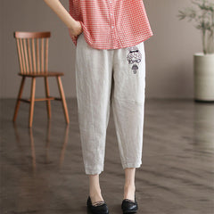 Women Summer Fashion Embroidery Linen Pants