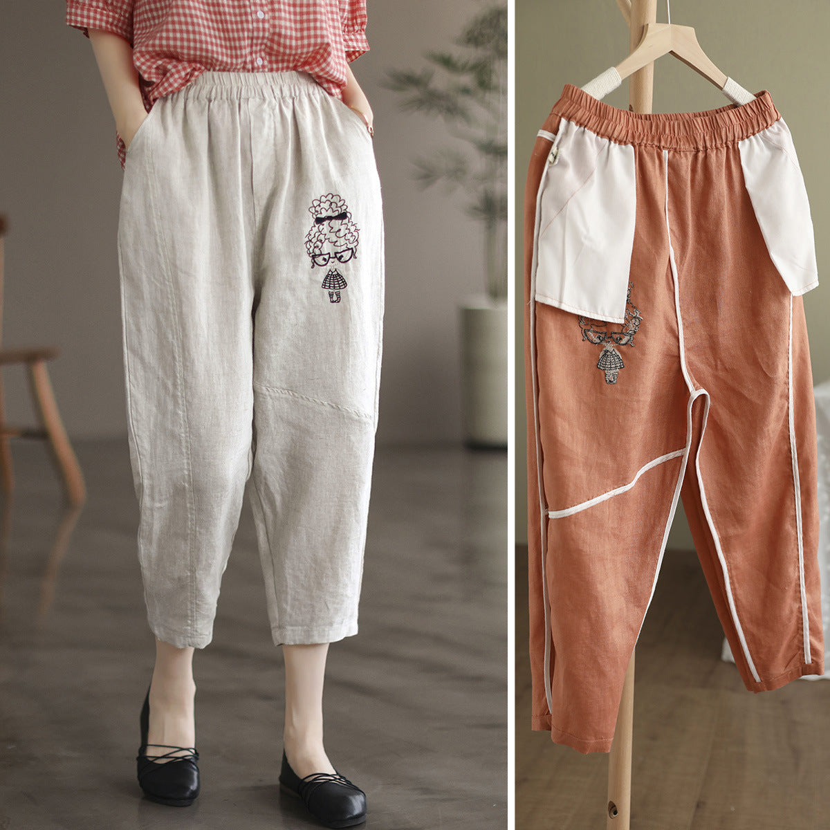 Women Summer Fashion Embroidery Linen Pants