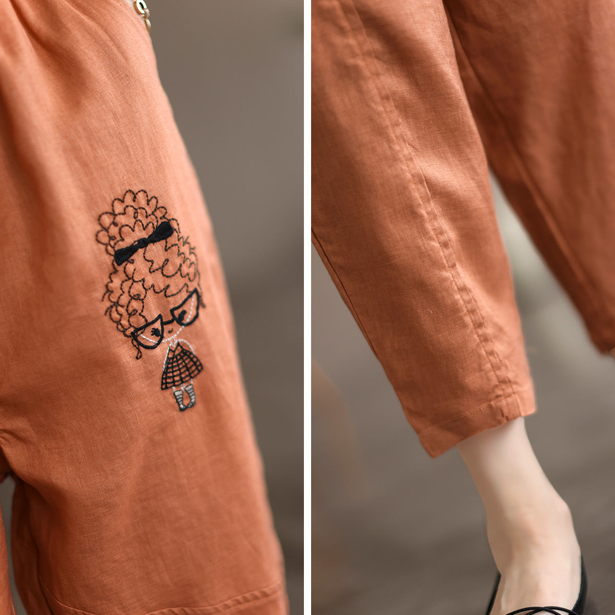 Women Summer Fashion Embroidery Linen Pants