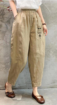 Women Summer Fashion Embroidery Linen Pants