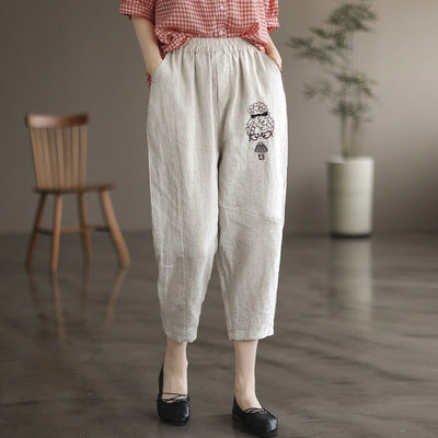 Women Summer Fashion Embroidery Linen Pants