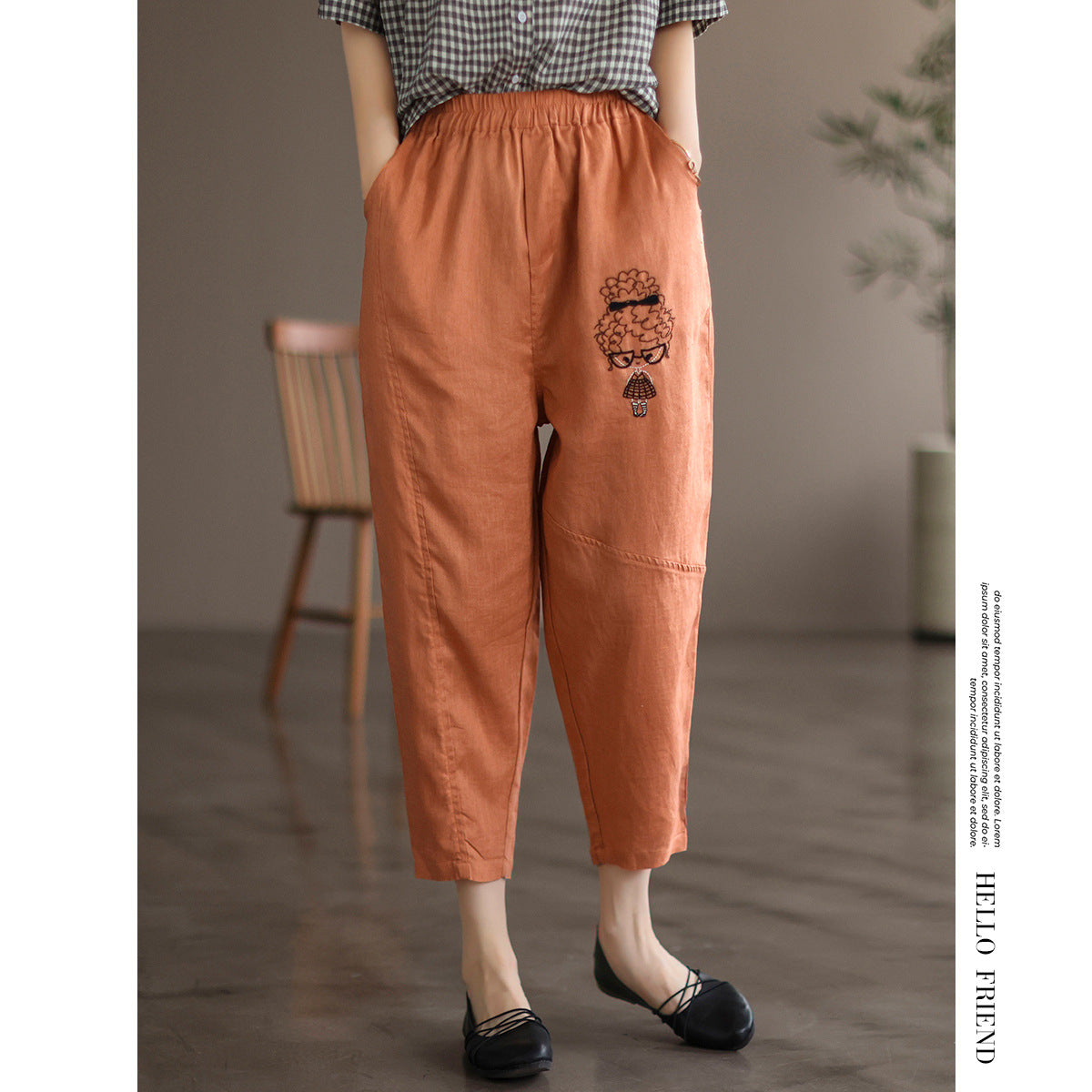 Women Summer Fashion Embroidery Linen Pants