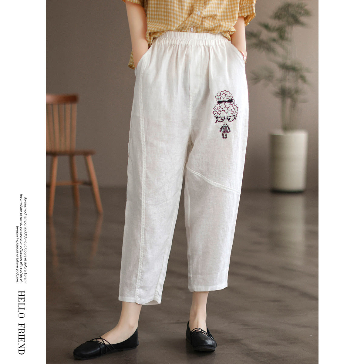 Women Summer Fashion Embroidery Linen Pants