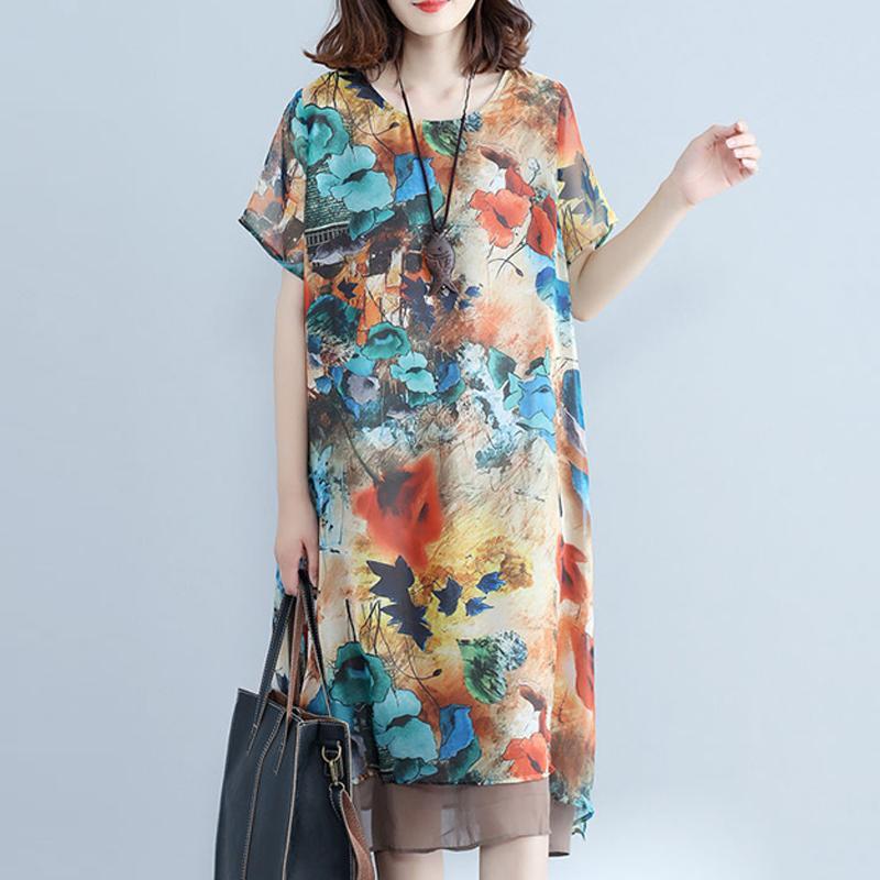 Women Summer Floral Casual Loose Short Sleeve Dress