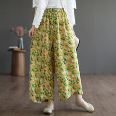 Women Summer Floral Printed Linen Loose Wide-Leg Pants