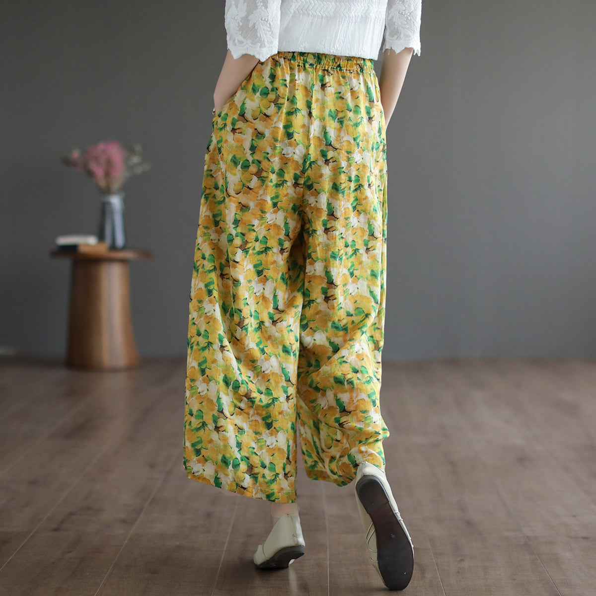 Women Summer Floral Printed Linen Loose Wide-Leg Pants