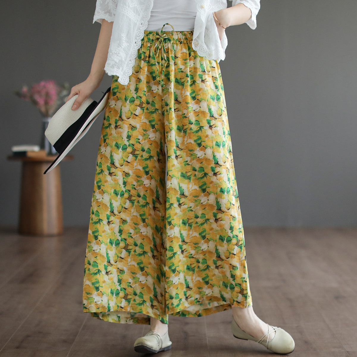 Women Summer Floral Printed Linen Loose Wide-Leg Pants