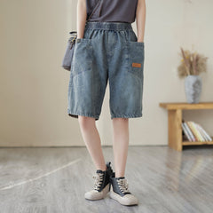 Women Summer Loose Retro Patchwork Denim Shorts